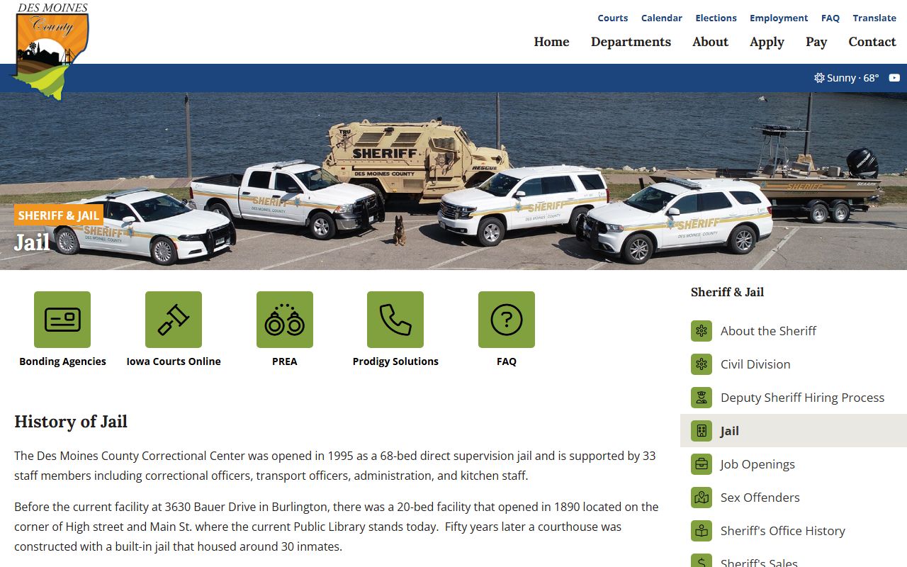 Des Moines County Correctional Center jail information page for inmate custody and fees