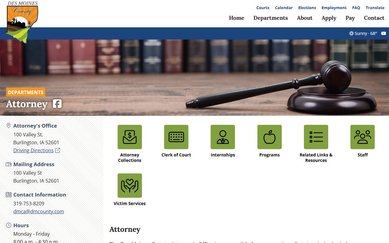 Des Moines County Attorney page with prosecutorial office information