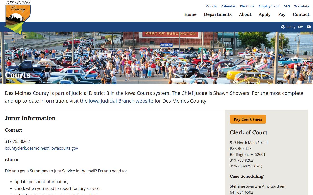 Des Moines County courts page with clerk and courthouse information