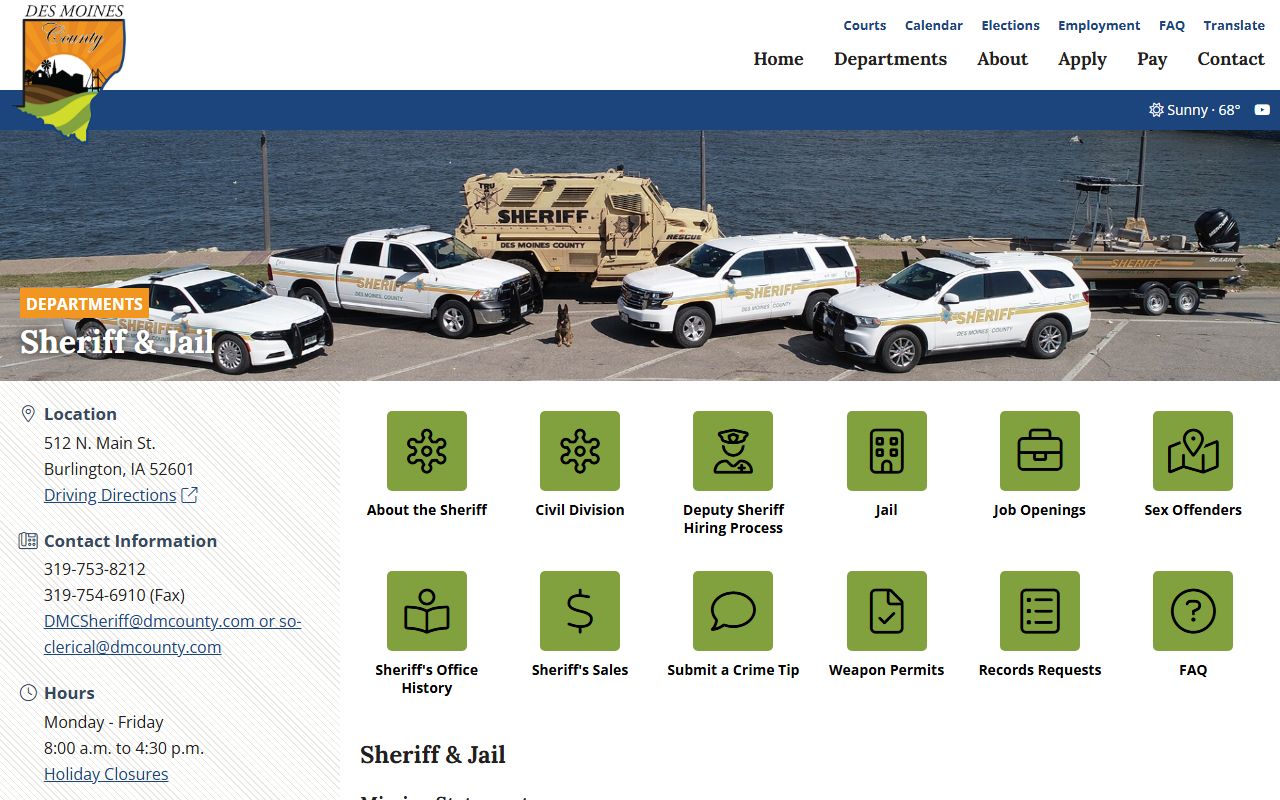 Des Moines County Sheriff page for inmate population and jail custody